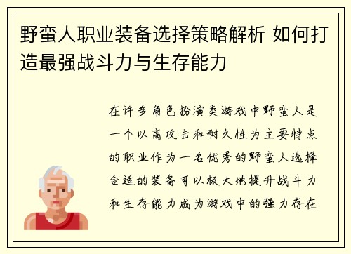 野蛮人职业装备选择策略解析 如何打造最强战斗力与生存能力