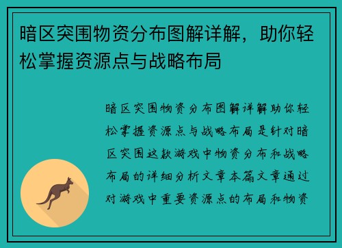 暗区突围物资分布图解详解，助你轻松掌握资源点与战略布局
